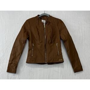Guess Women's Asymmetric Faux-Leather Moto Jacket Cognac Brown Size Small